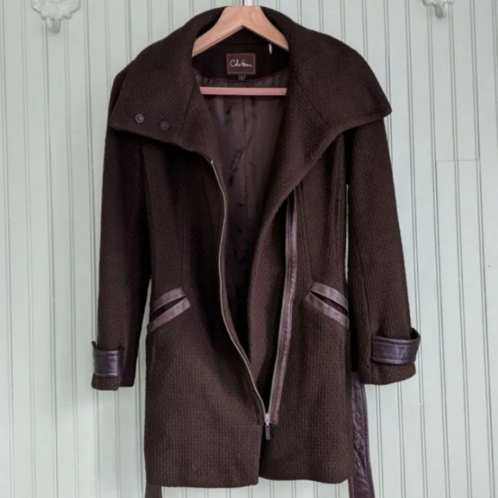 Cole Haan Wool Coat Leather Trim Statement Collar Belted Classic Vintage size 6